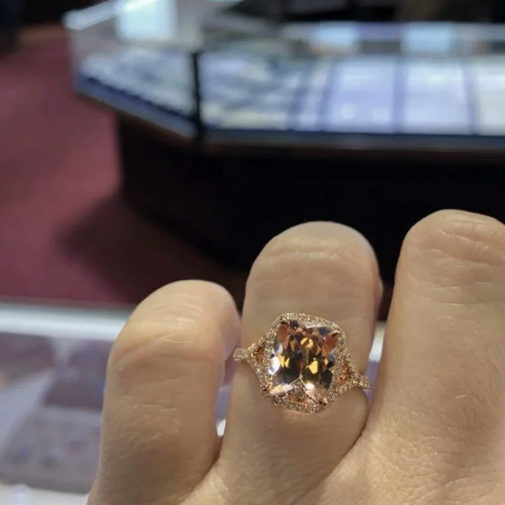 *NEW 18K Rose Gold Radiant Morganite Halo Ring